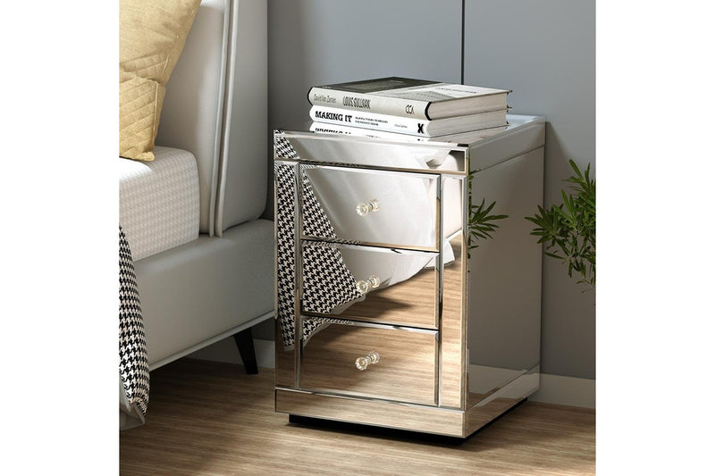Artiss Set of 2 Bedside Table 3 Drawers Mirrored Glass - PRESIA Silver