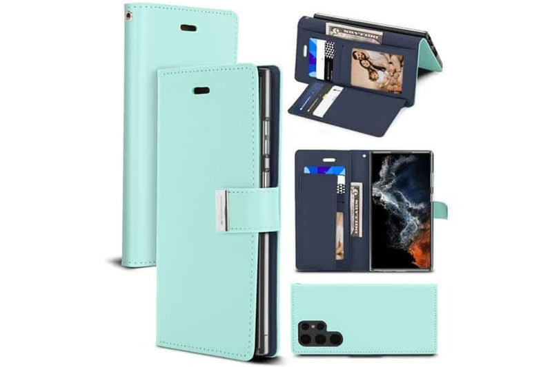 Goospery Samsung Galaxy S22 Ultra 5G Rich Diary Wallet Flip Case Leather Card Slots Magnetic Cover (Aqua)