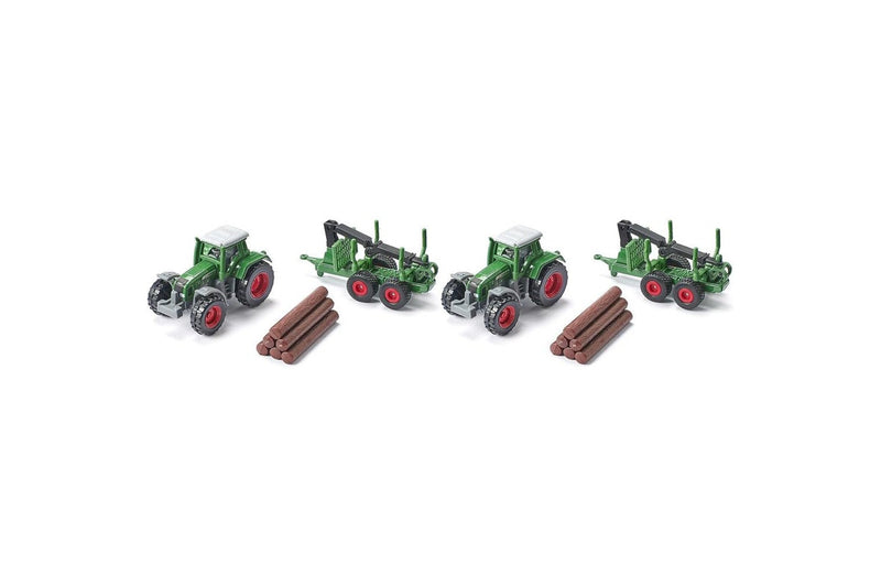 2x Siku 1645 Fendt Tractor w Forestry Trailer Diecast Metal 147mm Kids Toy 3y+