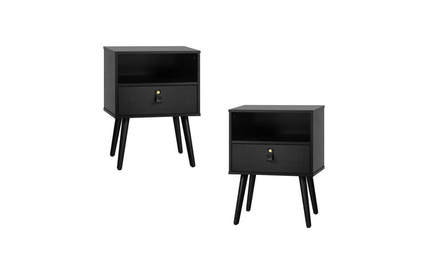 Oikiture 2 X Bedside Tables Side Table w/ Leather Handle Black