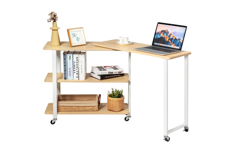 Giantex Mobile L-Shaped Side Table 360° Rotating Corner Desk w/2-Tier Storage Shelf Wood End Table Home Office Walnut