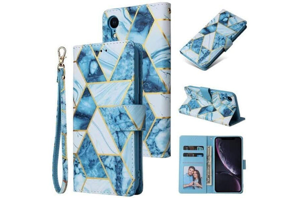 For Apple iPhone XR Case Marble Painting Pattern With Lanyard Flip Wallet Case Leather Card Slots Stand Cover (Blue Gilding)