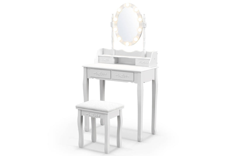 Costway Dressing Table Vanity Stool Set Makeup Table Dresser Jewellery Cabinet Mirror 4 Drawers Xmas Gift, White