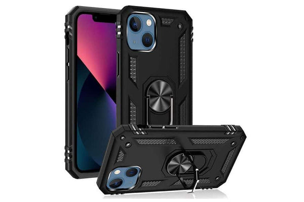 For Apple iPhone 13 Mini Case, Military Grade 360 Degree Rotating Metal Magnetic Ring Car Mount Holder Kickstand Shockproof Cover (Black)