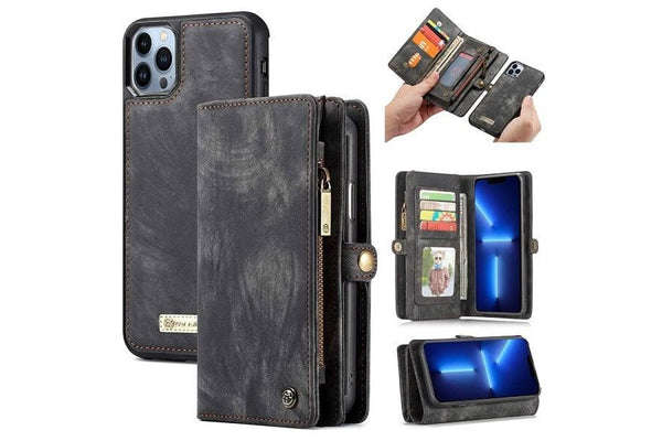 CaseMe For Apple iPhone 13 Pro Zipper & Detachable Retro Leather Pouch Wallet Flip Purse Bag Detachable Phone Case Cover (Black)