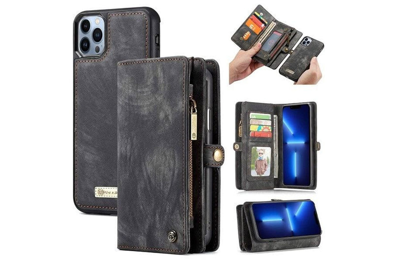 CaseMe For Apple iPhone 13 Pro Zipper & Detachable Retro Leather Pouch Wallet Flip Purse Bag Detachable Phone Case Cover (Black)