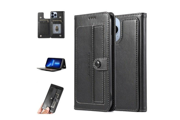 For Apple iPhone 13 Pro Case SupRShield Pro Luxury Wallet Leather Flip Magnetic Stand Case Cover (Black)