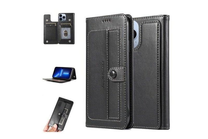 For Apple iPhone 13 Pro Case SupRShield Pro Luxury Wallet Leather Flip Magnetic Stand Case Cover (Black)