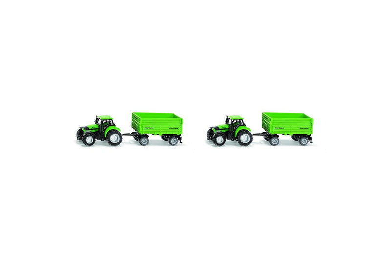 2x Siku 1606 DEUTZ-FAHR Tractor w Fortuna 4-Wheel Trailer Diecast 168mm Toy 3y+