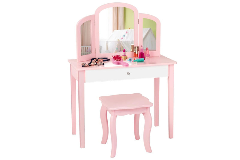Giantex Kids Makeup Dressing Table Stool Set Mirror Princess Children Birthday Gift,Pink