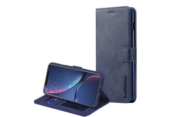 For Apple iPhone XR Case, SupRShield Wallet Leather Flip Magnetic Stand Case Cover For Apple (Navy Blue)