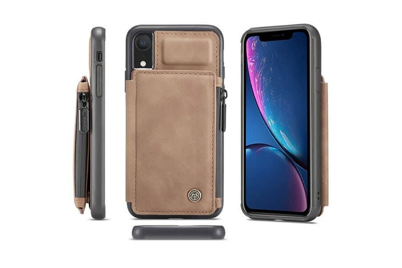 For Apple iPhone XR CaseMe Back Zipper Wallet Case W/ 3 Card Slots, RFID Blocking, 1 Money Pocket, Credit Card Holder Leather Cover (Brown)