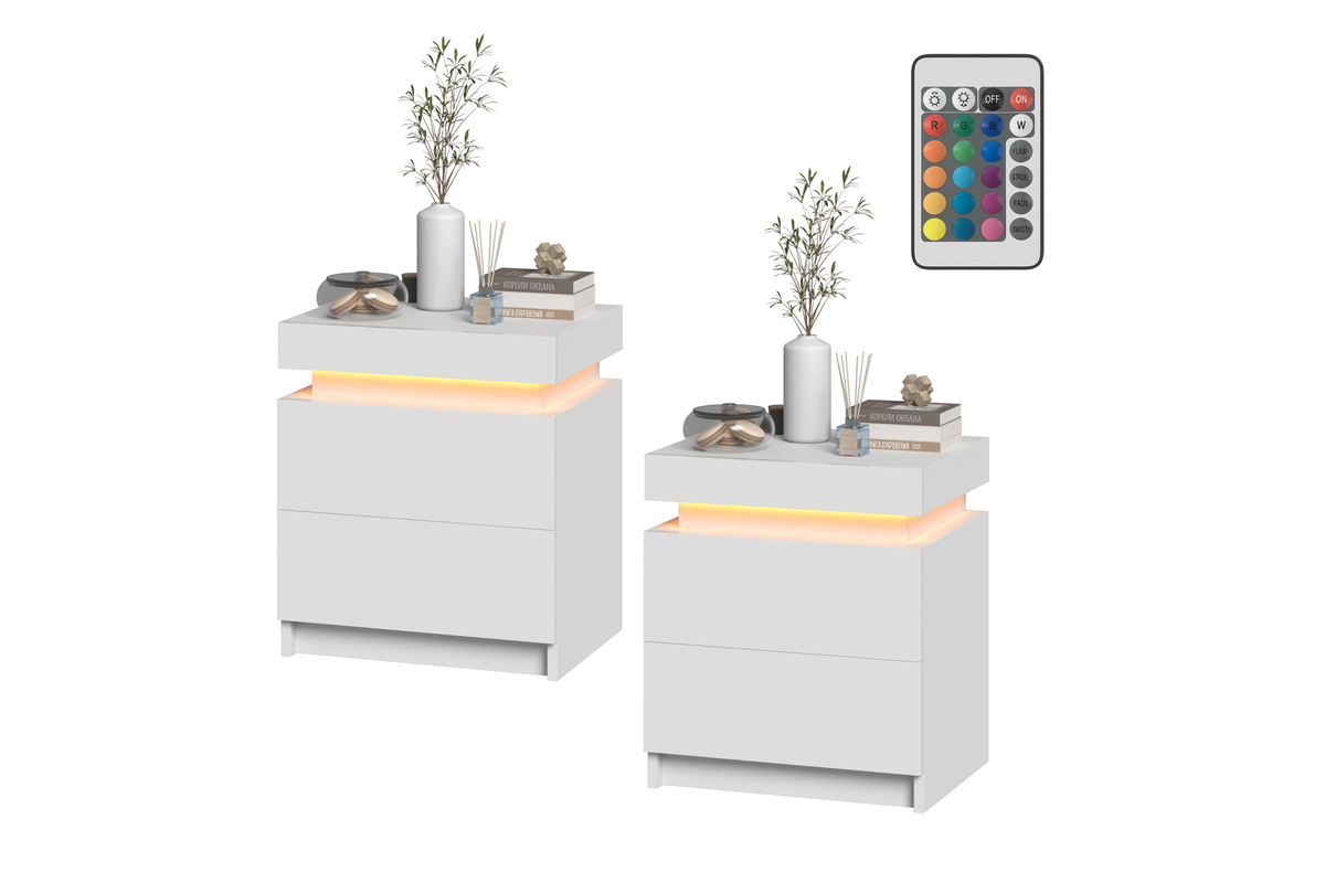 Advwin Set of 2 Bedside Table LED RGB 2 Drawers With Lift Up Storage Nightstand White