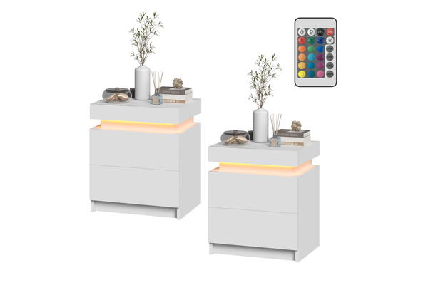 Advwin Set of 2 Bedside Table LED RGB 2 Drawers With Lift Up Storage Nightstand White