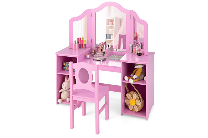 Giantex 2-in-1 Kids Vanity Table and Chair Set Makeup Dressing Table w/Mirror Children Study Writing Desk Pink