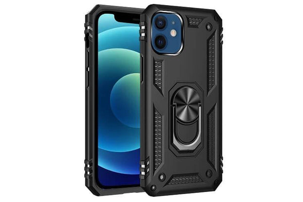 For Apple iPhone 12 Case, Military Grade 360 Degree Rotating Metal Magnetic Ring Car Mount Holder Kickstand Shockproof Heavy Duty Cover (Black)