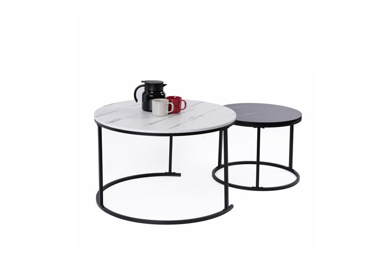 Set of 2 Coffee Table Round Marble Nesting Side End Table Furniture
