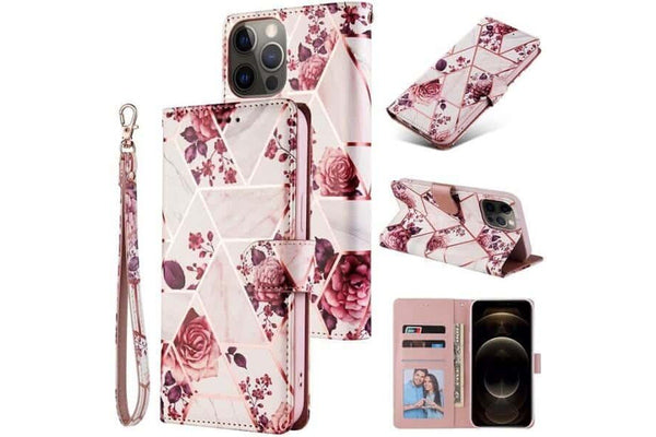For Apple iPhone 12 /12 Pro Case Marble Painting Pattern With Lanyard Flip Wallet Case Leather Card Slots Stand Cover (Rose Gold Gilding)