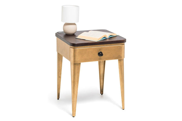 Modern Bedside Table In Brass Finish With Storage Drawer And Wood Top Bedside Tables