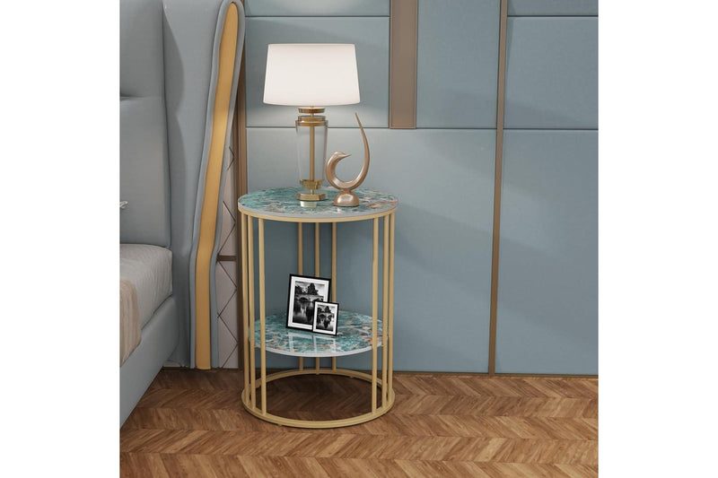 Marble Top Round Side Table - 2 Tier Bedside with Gold Legs