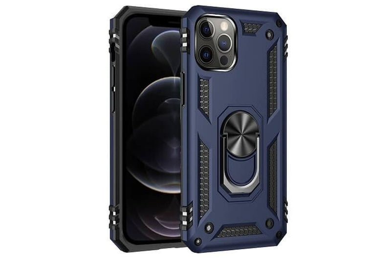 For Apple iPhone 12 Pro Case, Military Grade 360 Degree Rotating Metal Magnetic Ring Car Mount Holder Kickstand Shockproof Heavy Duty Cover (Navy Blue)