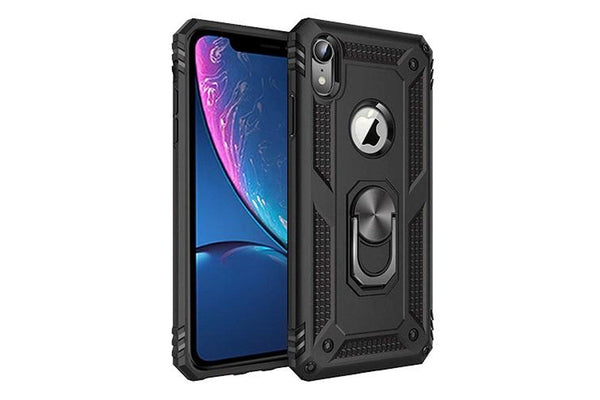 For Apple iPhone XR Case, Military Grade 360 Degree Rotating Metal Magnetic Ring Car Mount Holder Kickstand Shockproof Heavy Duty Cover (Black)