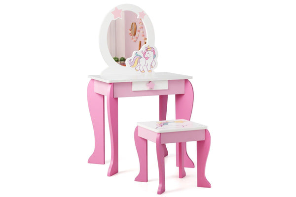Giantex 2 in 1 Kids Vanity Table & Chair Set Princess Makeup Dressing Table w/Mirror & Comb Writing Desk Pink