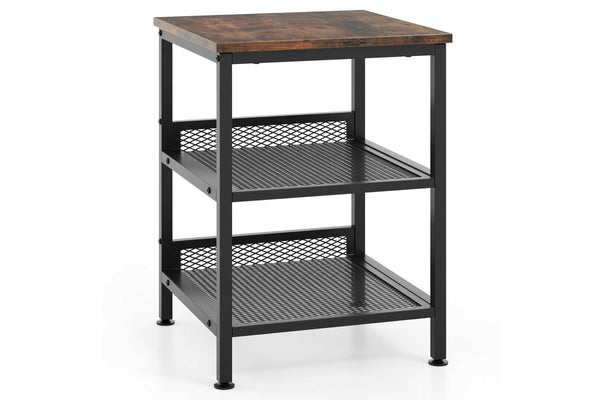 Giantex 3-Tier Sofa Side Table Industrial Nightstand Square End Table w/Storage Shelves Rustic Brown
