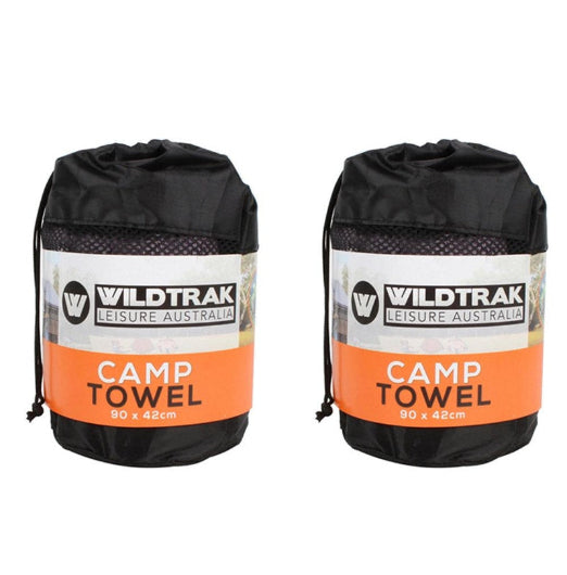 2x Wildtrak Quick Dry 90cm Camp Towel Rectangle w Bag Outdoor Camping Small Grey