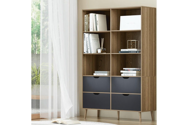 Artiss Bookshelf with 4 Drawers - MITZI Oak and Blue