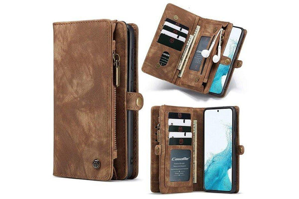 CaseMe For Samsung Galaxy S22 Zipper & Detachable Retro Leather Pouch Wallet Flip Purse Bag Detachable Phone Case Cover (Brown)