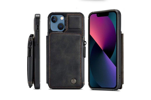 For Apple iPhone 13 Mini CaseMe Back Zipper Wallet Case W/ 3 Card Slots, RFID Blocking, 1 Money Pocket, Credit Card Holder Leather Cover (Black)