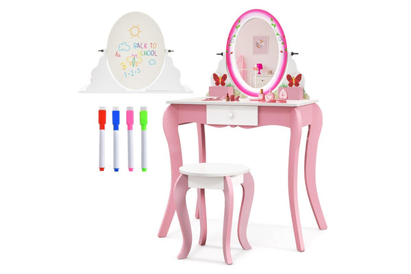 Giantex 2-in-1 Kids Vanity Table Stool Set Rotatable Mirror Makeup Table Princess Dressing Table w/Whiteboard & 4 Markers & Drawer