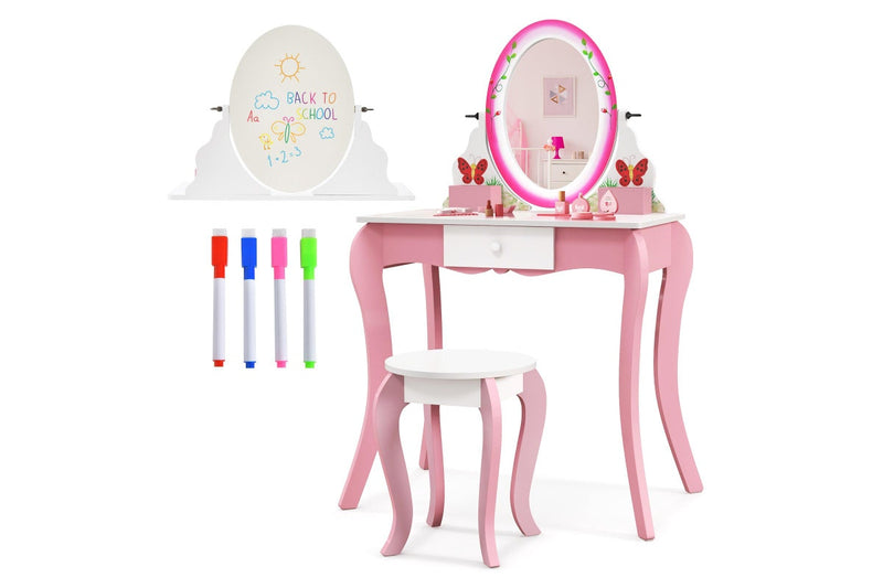 Giantex 2-in-1 Kids Vanity Table Stool Set Rotatable Mirror Makeup Table Princess Dressing Table w/Whiteboard & 4 Markers & Drawer