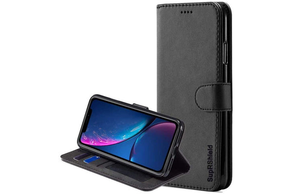 For Apple iPhone XR Case, SupRShield Wallet Leather Flip Magnetic Stand Case Cover For Apple (Black)