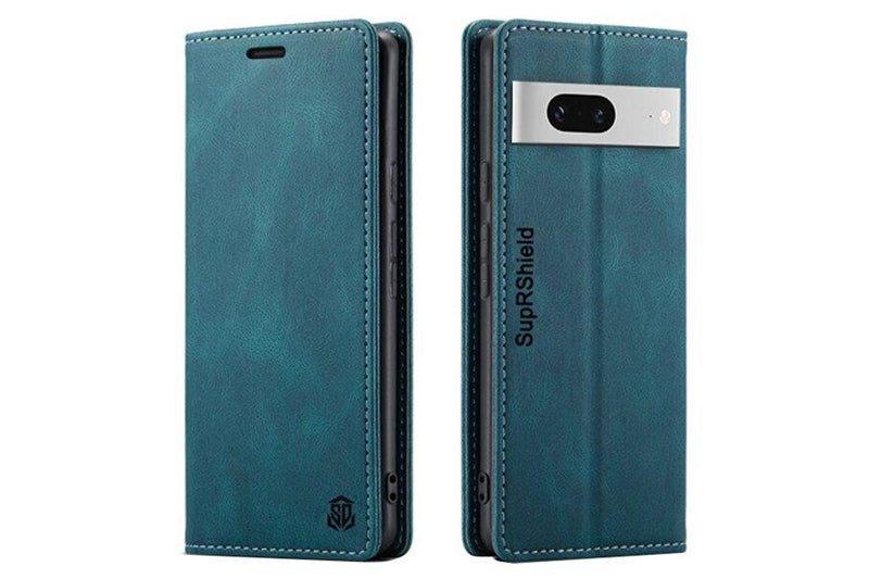 SupRShield For Google Pixel 7 Case RFID Blocking Retro Flip Premium Leather Card Holder Wallet Cover - Cyan Blue