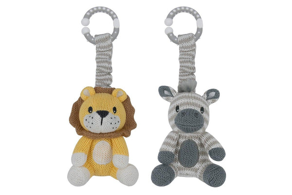 2pc Living Textiles Baby Newborn Cotton Knitted Stroller Toys Zebra & Lion