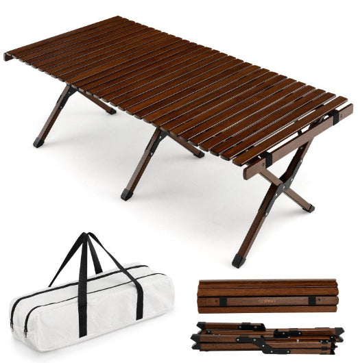 Costway Portable Egg Roll Camping Table Folding Bamboo Picnic Table Camping table Outdoor w/Carry Bag Brown
