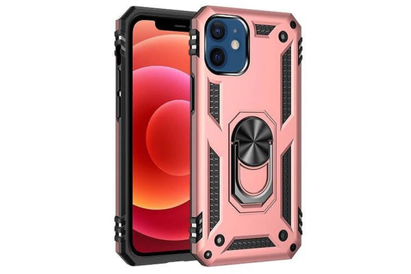 For Apple iPhone 12 Mini Case, Military Grade 360 Degree Rotating Metal Magnetic Ring Car Mount Holder Kickstand Shockproof Heavy Duty Cover (Rose Gold)