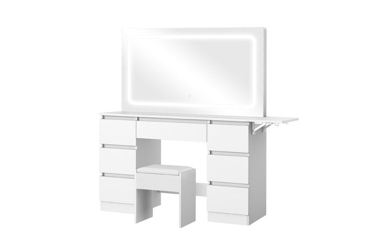 Oikiture Dressing Table Stool Set LED Makeup Mirror 7 Drawers White