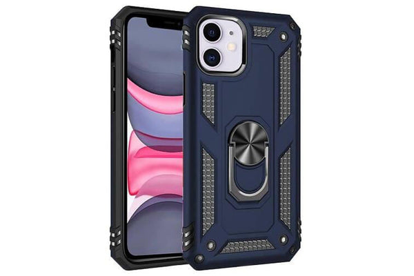 For Apple iPhone 11 Case, Military Grade 360 Degree Rotating Metal Magnetic Ring Car Mount Holder Kickstand Shockproof Heavy Duty Cover (Navy Blue)