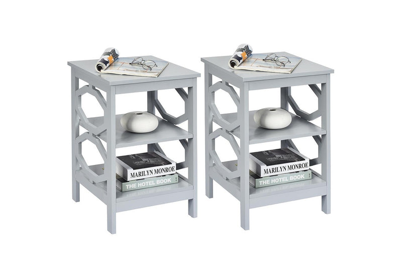 Giantex 2x 3-Tier Wood Nightstand O-Shaped Side Storage Display Shelf Sofa Side Table, Grey