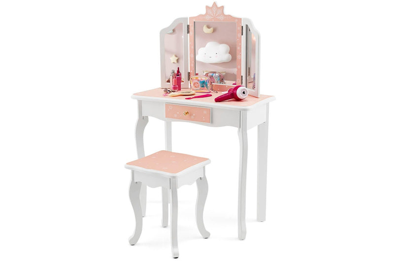 Costway Tri-Folding Mirror Vanity Table Writing Desk Durable Bedroom Furniture Pink