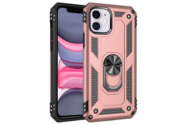 For Apple iPhone 11 Case, Military Grade 360 Degree Rotating Metal Magnetic Ring Car Mount Holder Kickstand Shockproof Heavy Duty Cover (Rose Gold)