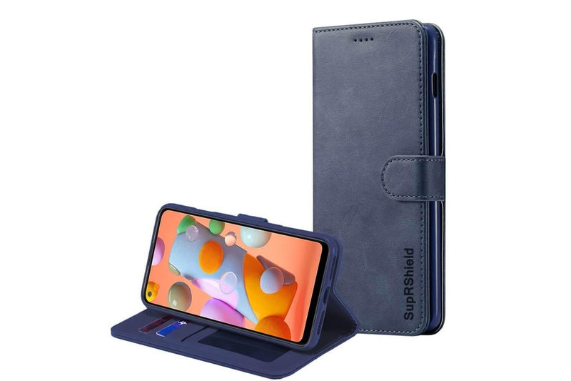 Samsung Galaxy A11 Case, SupRShield Wallet Leather Flip Magnetic Stand Case Cover (Navy Blue)
