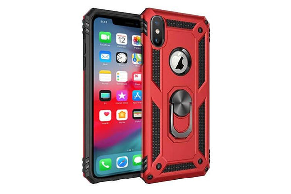 For Apple iPhone X /XS Case, Military Grade 360 Degree Rotating Metal Magnetic Ring Car Mount Holder Kickstand Shockproof Heavy Duty Cover (Red)