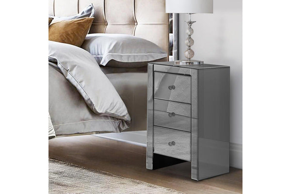 Artiss Bedside Table 3 Drawers Mirrored Glass - QUENN Grey