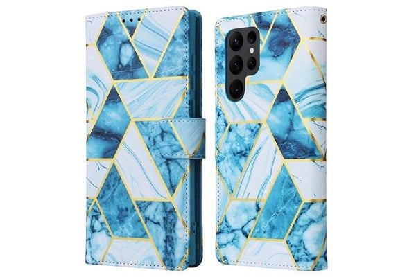For Samsung Galaxy S24 Ultra Case Fashion Marble Painting Pattern Flip Wallet Case Leather Card Slots Stand Cover (Blue Gilding)