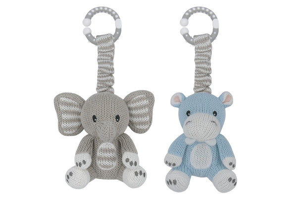 2pc Living Textiles Baby Newborn Cotton Knitted Stroller Toys Elephant & Hippo