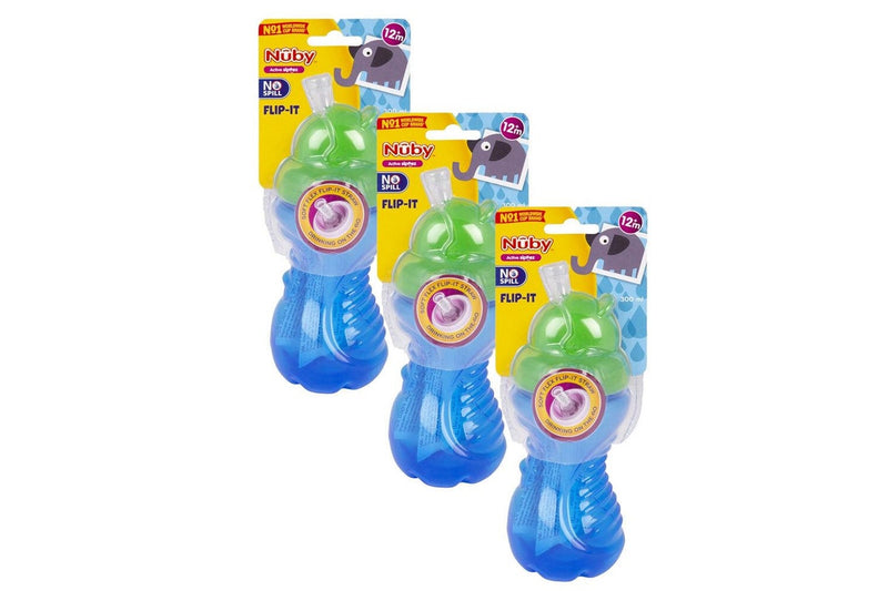3x Nuby No Spill Soft Flex Flip It Straw Drinking Cup 300ml 12m+ Assorted